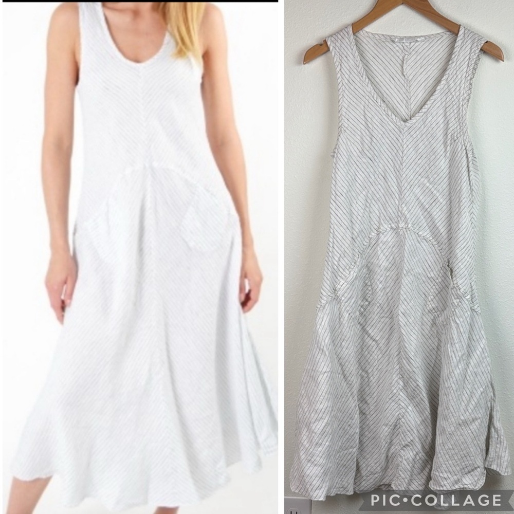 Luna Luz Margarita midi linen dress, pin stripe A line sleeveless pocket tank